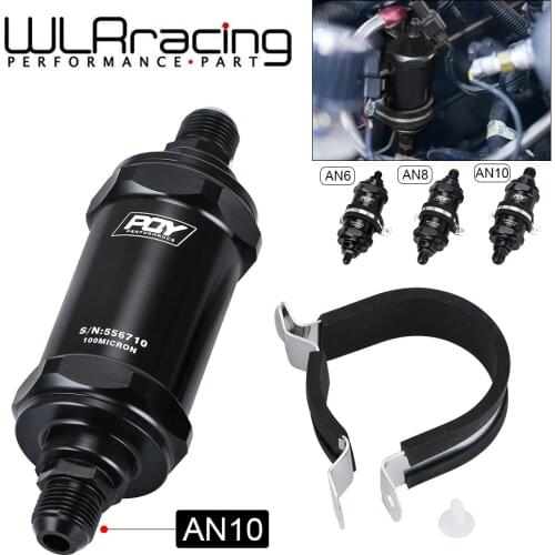 WLR RACING - PQY BLACK AN6 / AN8 / AN10 Inline Fuel Filter E85 Ethanol With 100 Micron Stainless steel element and PQY sticker