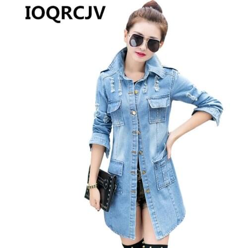 219 Autumn Women Denim Jackets Holes Slim Long Cowboy Coat Ladies Single Breasted Casual Jean Coats Large Size Outerwear R491