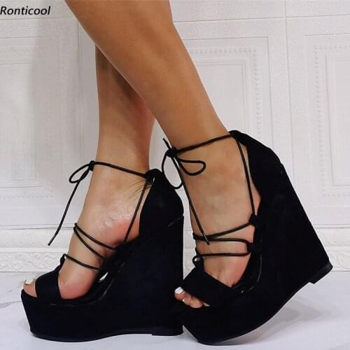Ronticool Handmade Women Gladiator Sandals Strappy Wedges Heel Open Toe Black Casual Shoes US Plus Size 5-20
