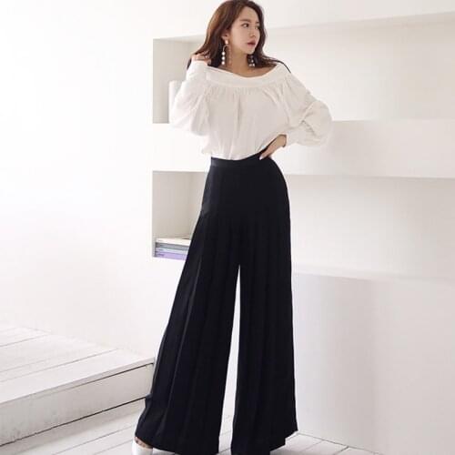 New arrival temperament 2 pieces set white loose sexy t-shirt and long black pant fashion party high quality wild women set