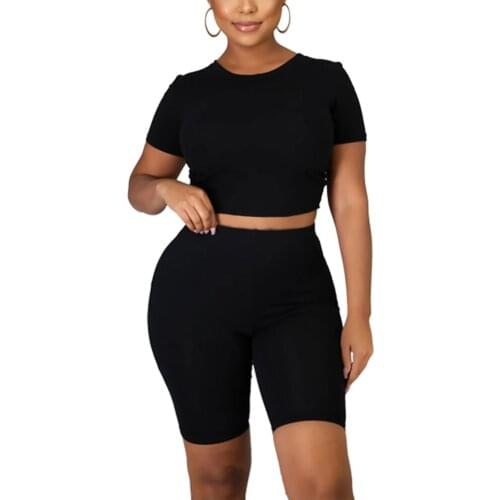 Women 2-PCS Outfit Set Solid Short Sleeve Round Neck Crop Back Straps Hollow Back Top Short High Waist Elastic Band Pants