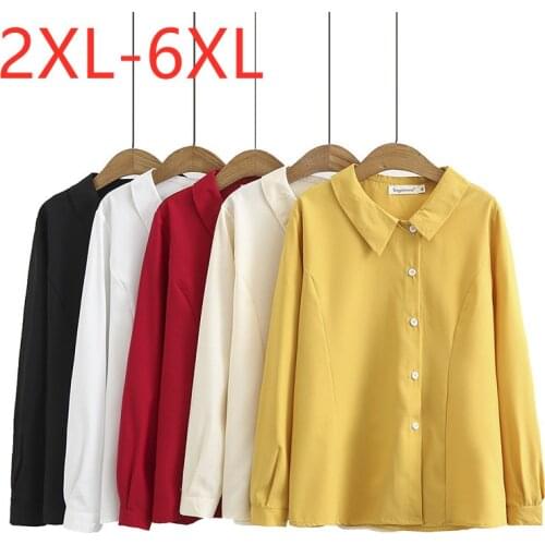 New 2021 Ladies Spring Autumn Plus Size Tops For Women Large Long Sleeve Loose Button Yellow Skew Collar Shirt 3XL 4XL 5XL 6XL