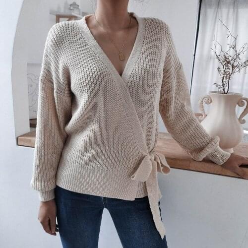 Women Autumn Winter Sexy V-Neck Long Sleeve Knitted Sweater Casual Wraps Jumper Pullover
