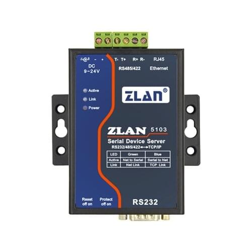 ZLAN5103 can realize the data transparent transmit between RS232/485/422 and TCP/IP