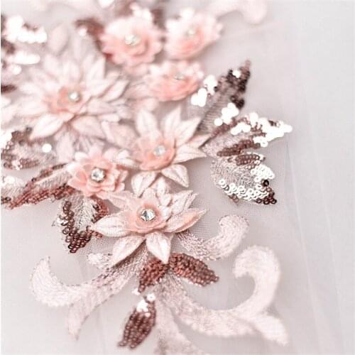 1 Piece Embroidered 3D Flower Lace Applique With Sequins Rhinestone For Wedding Dress Purple Silver Black Mint Green 40*17cm