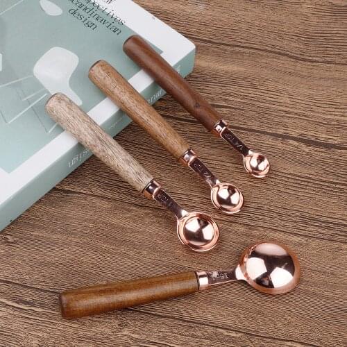 4pcs Household Kitchen Dining Bar Baking Tools Walnut Wooden Handle Copper Plating Measuring Cups Spoon Cake Sugar Tools Set