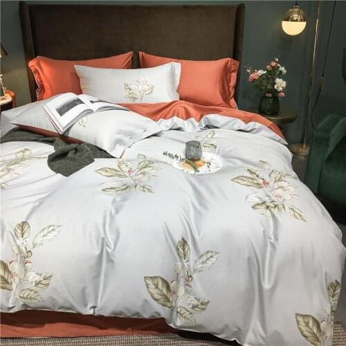 4/Pcs Luxury Egyptian Cotton Bedding Set Queen King size Bright Flamingo Leaf Duvet Cover Bed sheet set Fitted sheet