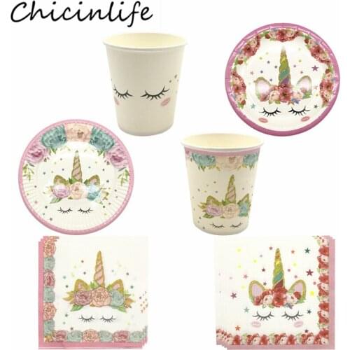 Chicinlife Unicorn Theme Party Paper Cups Plates/Napkins Disposable Tableware Set Popcorn box Wedding Birthday Party Supplies