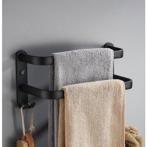 Double Layer Wall Black Towel Rack Holder Double Three Bar With Kitchenware Robe Hook Hanger Bathroom Accessories No Punching