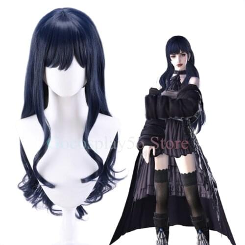 FF14 Gaia Cosplay Wig Final Fantasy XIV Dark Blue Hair 80cm Long Curly Heat Resistant Women Role Play