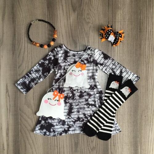 Girlymax Halloween baby girls boutique clothes children dress cotton pumpkin corn skull stripe match bow necklace socks & purse
