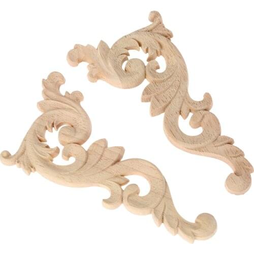 HOT SALE 2pcs Wood Carved Corner Onlay Unpainted Applique Frame Door Decors Decal 15*8*0.8cm