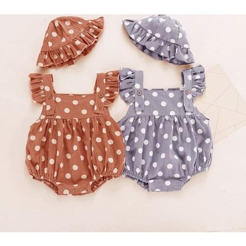 Newborn Baby Boys Girls Clothes Set Summer Sleeveless Ruffles Polka Dot Printed Romper Bodysuit+Hat Set 6 12 18 24 Months