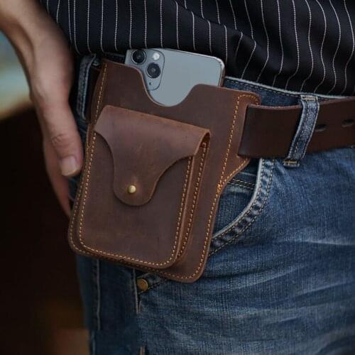 Leather Cellphone Belt Waist Bag For Men Male Vintage Handmade Loop Holster Mobile Phone Cover Case Holder Bags Man