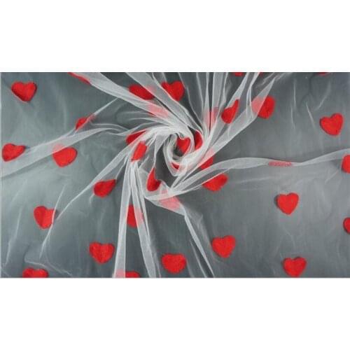 Lovely Red Hearts Embroidered Lace Fabric On Black White Tulle For Home Decor, Costume, Altered Couture 1 Yard