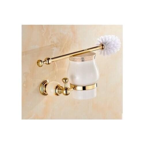 Brass & Jade Toilet Brush Holder with ceramic cup,Gold Bathroom Products New Arrivals Cleaning Brush holder