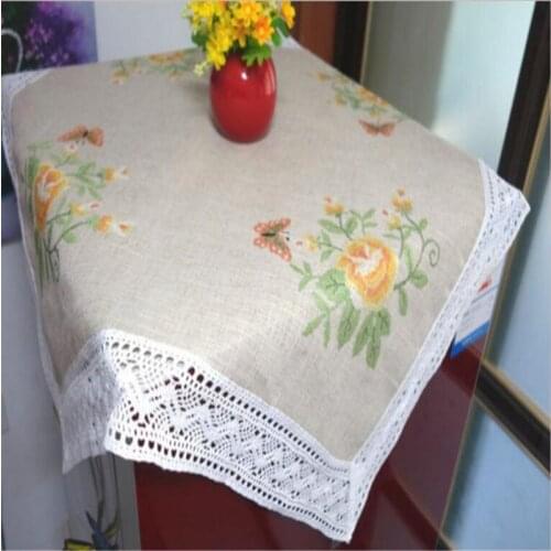 Free Shipping Linen Square Pink Flower 90x90cm Embroidery Natural Tablecloth Cup Mat Cover Place Living Decora Blanket Antependi