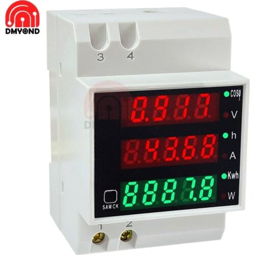DIN-rail Multi-function LED Digital Meter AC 80-300V 0-100A Active Power Factor Electric Energy Ammeter Voltmeter DIY