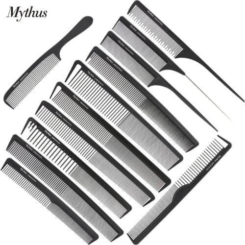 Mythus 12 Designs Professional Heat Resistant Antistatic Carbon Hairdressing Comb Set Barber Haircut Comb For Hair Styling Tools