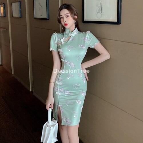 2021 lace novelty chinese dress lady cheongsam short sleeve elegant women qipao vestidso sexy bride wedding party dress gown