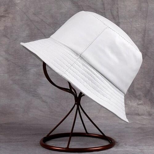 Korean 2021 Spring Genuine Leather Bucket Cap Women Men Unisex White/Black Fisherman Sun Hat Mujer Streetwear Black Basin Hats