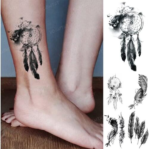 Dreamcatcher Feather Waterproof Temporary Tattoo Sticker Wing Garland Wind Chime Black Tatto Leg Arm Fake Tatoo Man Woman Tato