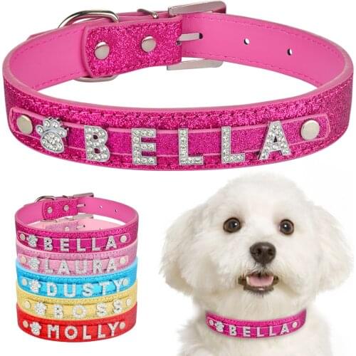 Personalized Dog Collar Leather Rhinestone Bling Charms Adjustable Custom Nylon Collar Puppy Medium Large Pet Dog Collar