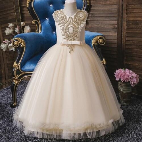 V-neck dance dress Flower childrens wedding party girl babys birthday party Eucharist dinner net lace embroidery long dress