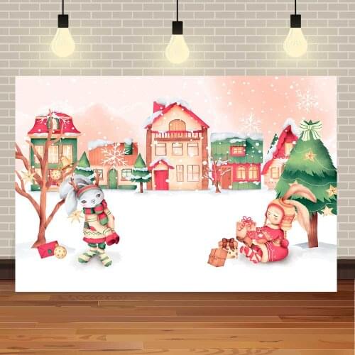 Seekpro Merry Christmas Winter Snow Watercolor Family Party Rabbit Gift Tree Customized Photo Backdrop Photography Background