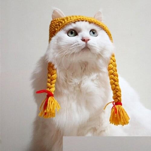 Handmade Braid Hat Cat Wig Hat Cat Headgear Pet Accessories Knitted Hat