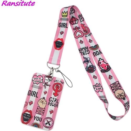 Ransitute R1623 Girl Power Feminism Lanyard Credit Card ID Holder Badge Girl Women Travel Bank Bus Business Card Cover Badge