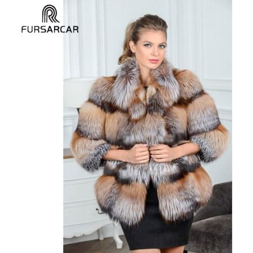 FURSARCAR Luxury Whole Skin Golden Fox Jacket With Fur Collar Fashion Women Natural Fox Fur Coat Winter Outwear