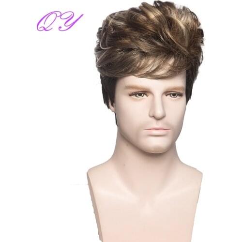 Synthetic Men Short Wig Brown Ombre Black Natural Straight Hair Wig For Mens Fashion Style Daily Wear Adjustable Size Man Wig