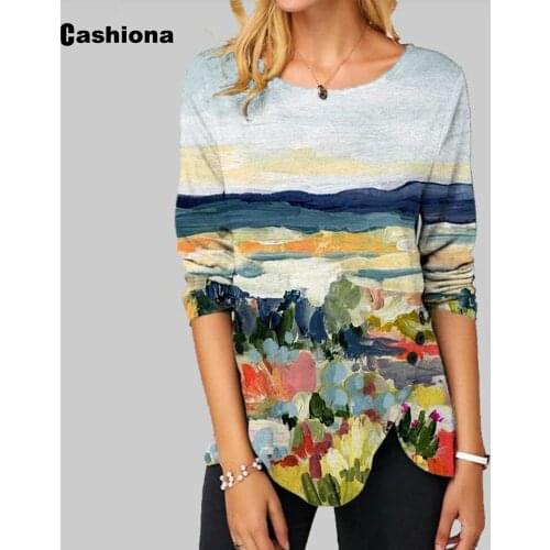 Plus size Women Elegant Leisure Casual T shirt Long Sleeve Field landscape Print Womens Top Vintage 2021 Spring Tee shirt Femme