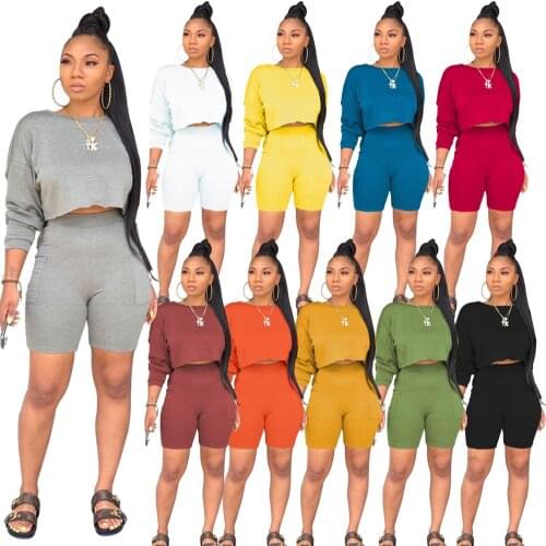 Womens 2-Piece Outfit Set Cozy Sport Fitness Set Solid Color Round Neck Crop Short Sleeve Top Short High Waist Pants Set