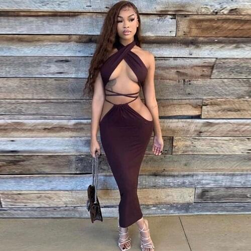 Hollow Out Solid Backless Two Piece Dress Set Club Outfits Women Halter Cleavage Crop Top and Bodycon Maxi Skirt Matching Suit