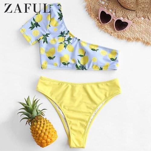 ZAFUL Lemon Print One Shoulder High Cut Bikini Set Women Sexy Summer Beach Swimsuit Ladies Padded Bathing Suit
