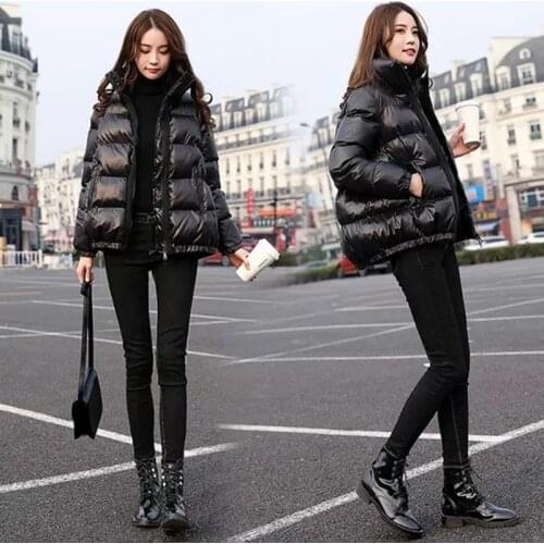 Korean Style 2021 Winter Jacket Women Stand Collar Solid Black Purple Female Down Coat Loose Oversized Womens Short Parkas