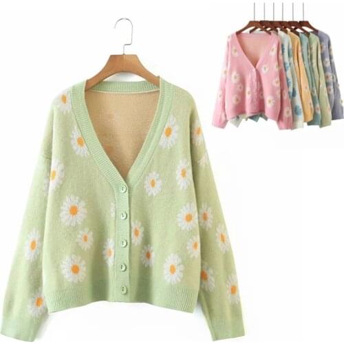 Floral Print Cardigan Women Knitted Sweater Long Sleeve V Neck Jumper Loose Women Oversize Cardigan Casual Coat Jersey Mujer