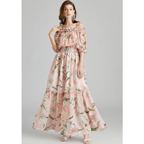 Boho Lily Floral Print Ruffles Summer Maxi Dress Women Sexy Off Shoulder Elastic Waist Pink Chiffon Long Beach Holiday Vestidos