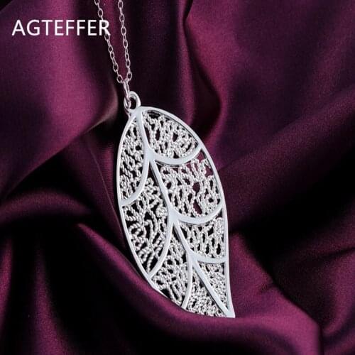 AGTEFFER 925 Sterling Silver 18 Inch Leaf Pendant Necklace For Women Fashion Wedding Engagement Party Charm Jewelry