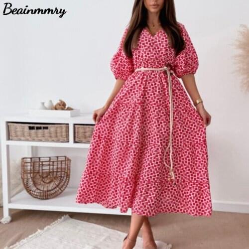 Women V Neck Lantern Sleeve Ruffle Midi Dress 2021 Summer Female Elegant Casual Lace Up Boho Vacation Beach Dress