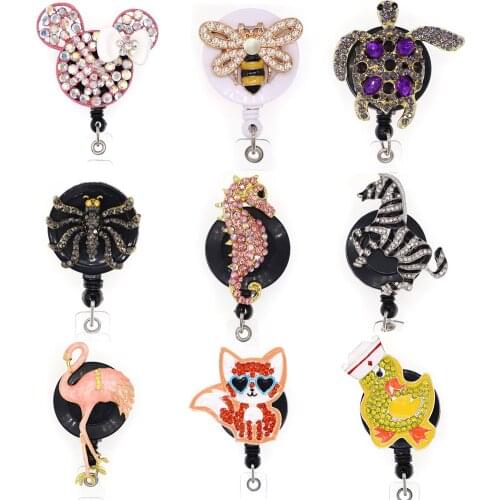 10 pcs/lot Free Shipping Animal Rhinestone Retractable Id Badge Holder Reel