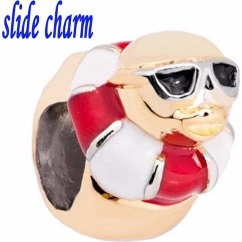 Slide charm Free shipping Clown wearing a swim ring duck charm beads fit Pandora charm bracelet mother lover Christmas gift 11