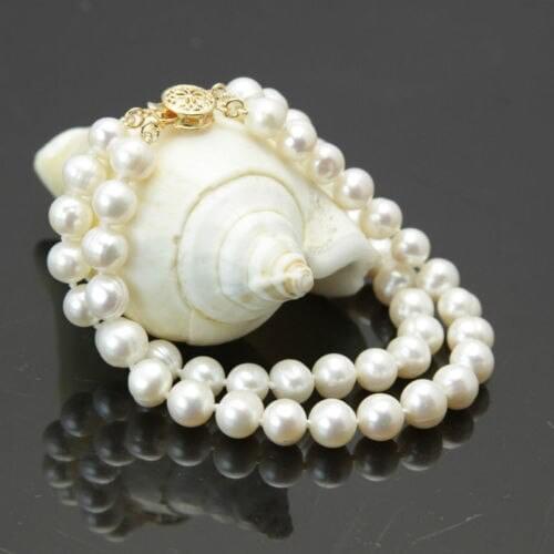 New 2 rows 7-8mm white freshwater cultured pearl bracelet 7.5"