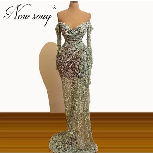 Dubai 2020 Long Beaded Evening Dresses Robe De Soiree Kaftans Islamic Formal Gowns Middle East New See Through Prom Dress Aibye