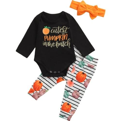 3PCS Baby Girls Clothing Set Girls Letter Romper Top+Pumpkin Pants+Headband Infant Fall Outfits Newborn Clothes Sets