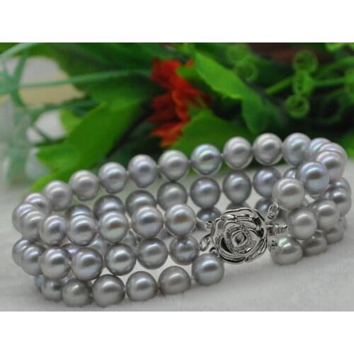 Fine 3rows gray freshwater pearl rose clasp braclet