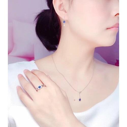 Real Natural Sapphire jewelry set Natural Real Sapphire 925 sterling silver 1pc pendant,1pc ring,2pcs Earring