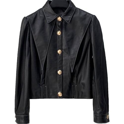 2021 Autumn New Port Style Leather Jacket Womens Short Navy Collar Leather Jacket Sheep Skin Motorcycle Jacket Fashion